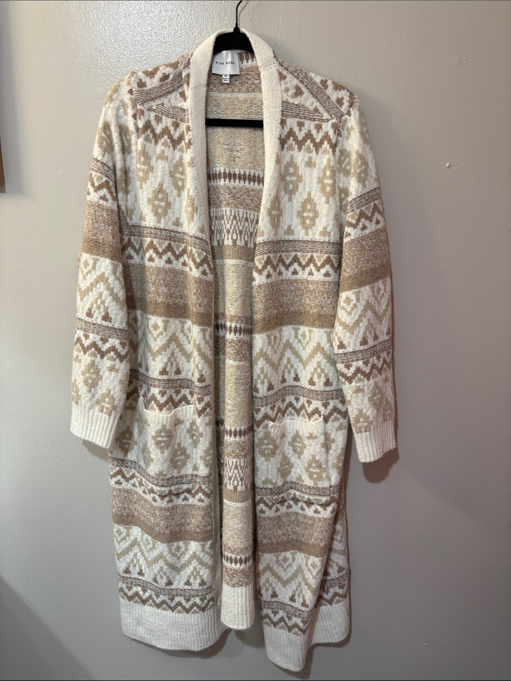 Pink Rose Neutral Fair Isle Open-Front Cardigan - Cream & Tan